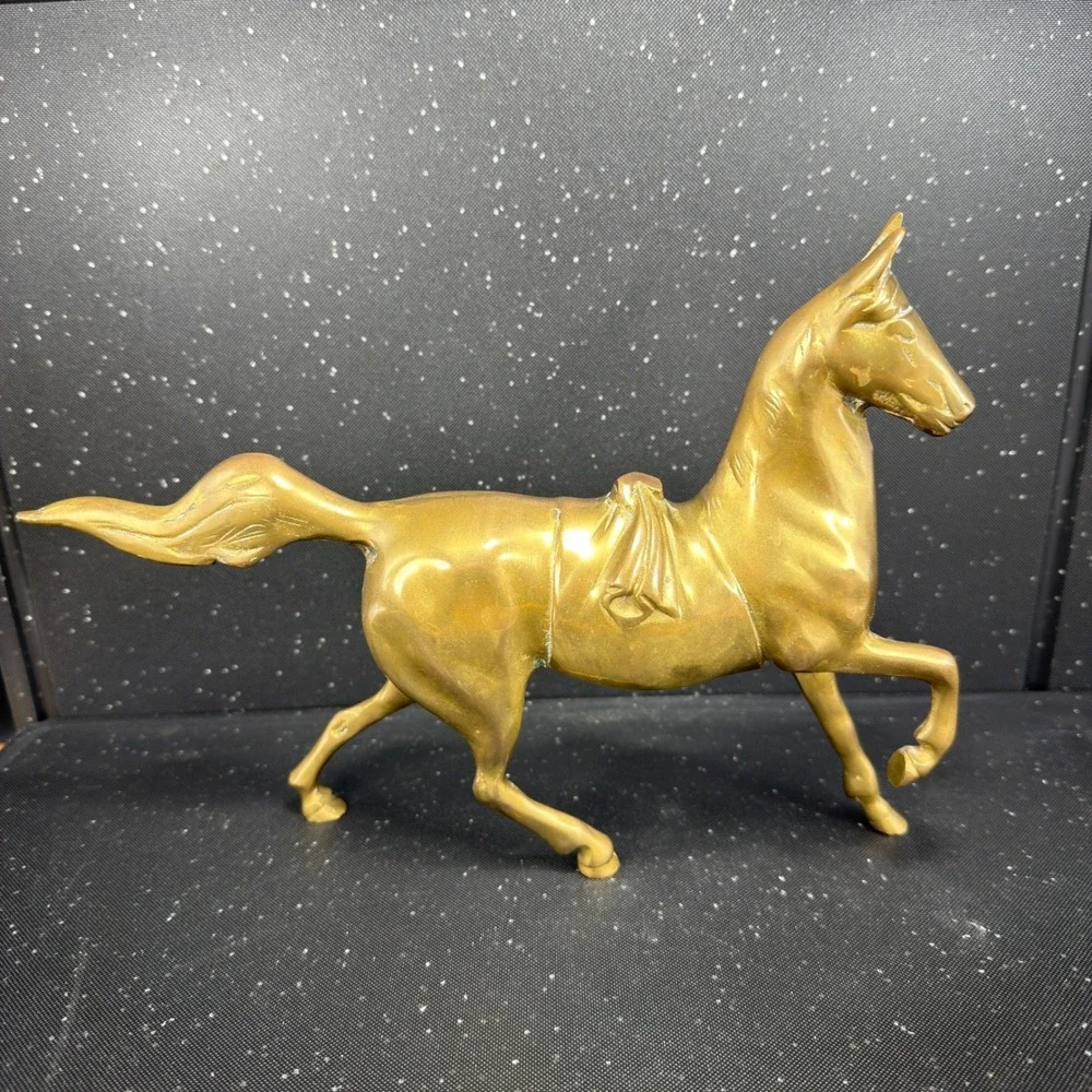 Vintage Brass Trotting Horse Figurine Heavy Equestrian Decor 10.5 Inch Figure